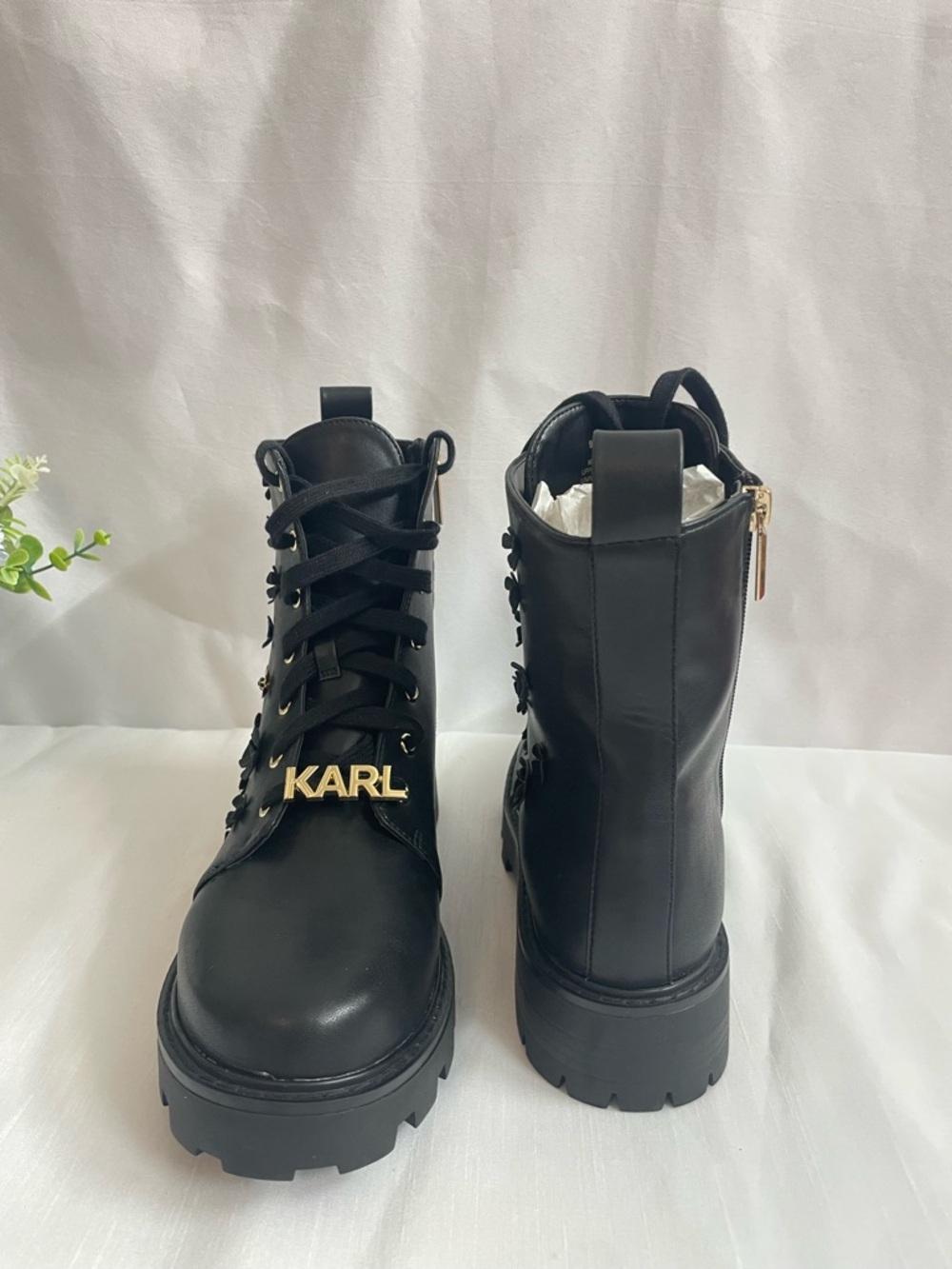 Karl Lagerfeld Paris Mela Fleur Black Floral Combat Boots w Gold Accents US 9.5 - Picture 12 of 14